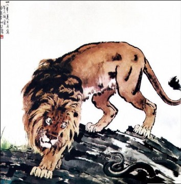 lion Tableau Peinture - Xu Beihong lion et serpent traditionnel